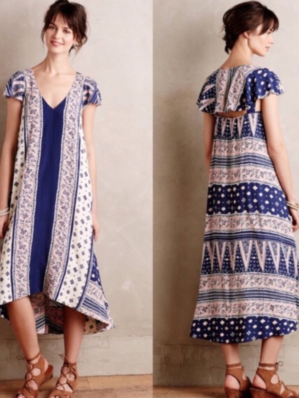 Maeve Summertide Swing Dress Midi Batik Cut Out Back High Low Boho Size XS